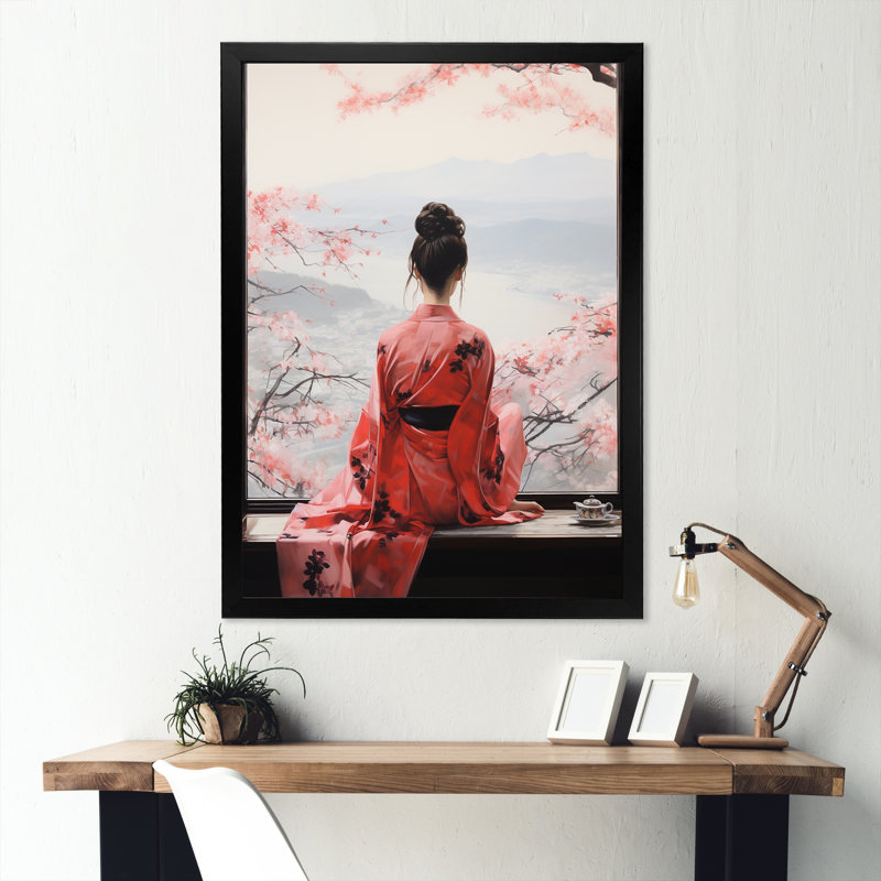 Arbre rose, femme japonaise vue de fenêtre II - Japon, art mural, H 32 po x l 24 po x P 1 po, Cadre photo noir simple