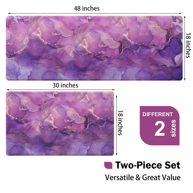Non Slip Marble Kitchen Rugs Set of 2, Purple