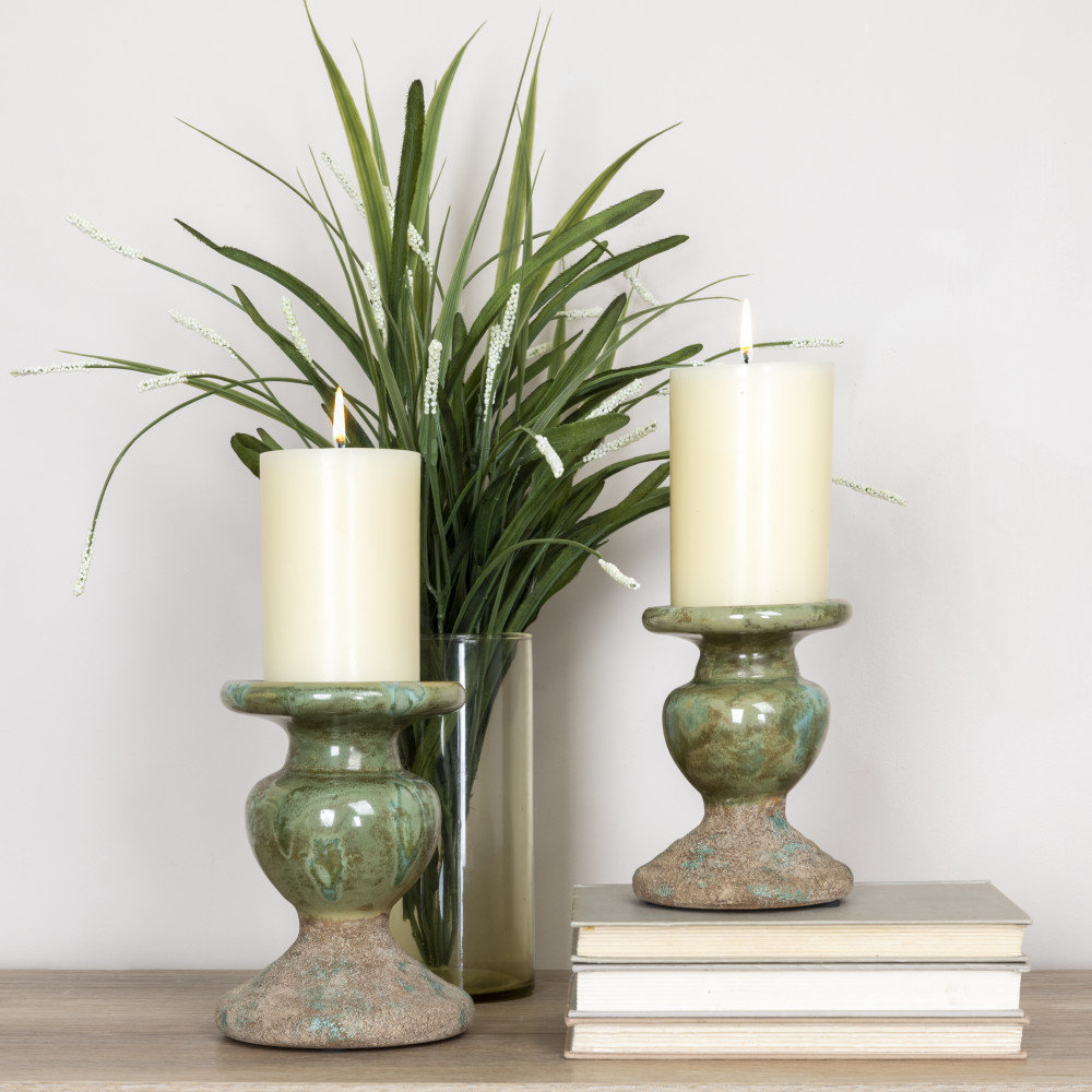 Waikiki Earthenware Tabletop Candlestick, Distressed Green, 5.3" H x 4.5" W x x 4.5" D