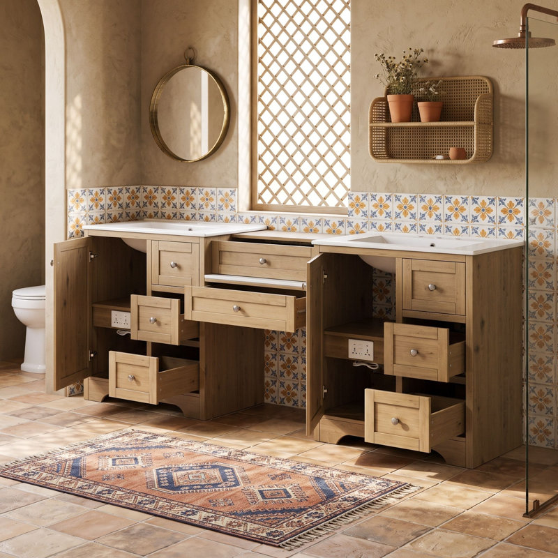 Meuble-lavabo double avec tiroirs, armoires et stations de charge, Bois