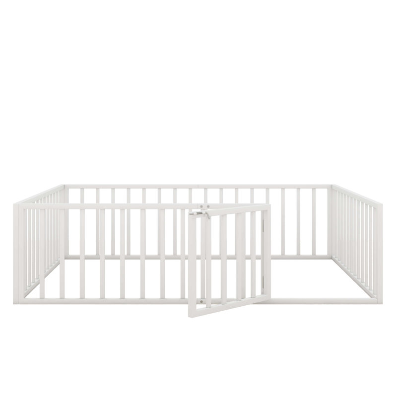 Diocles Metal Floor Bed Frame with Fence & Door, White, Twin
