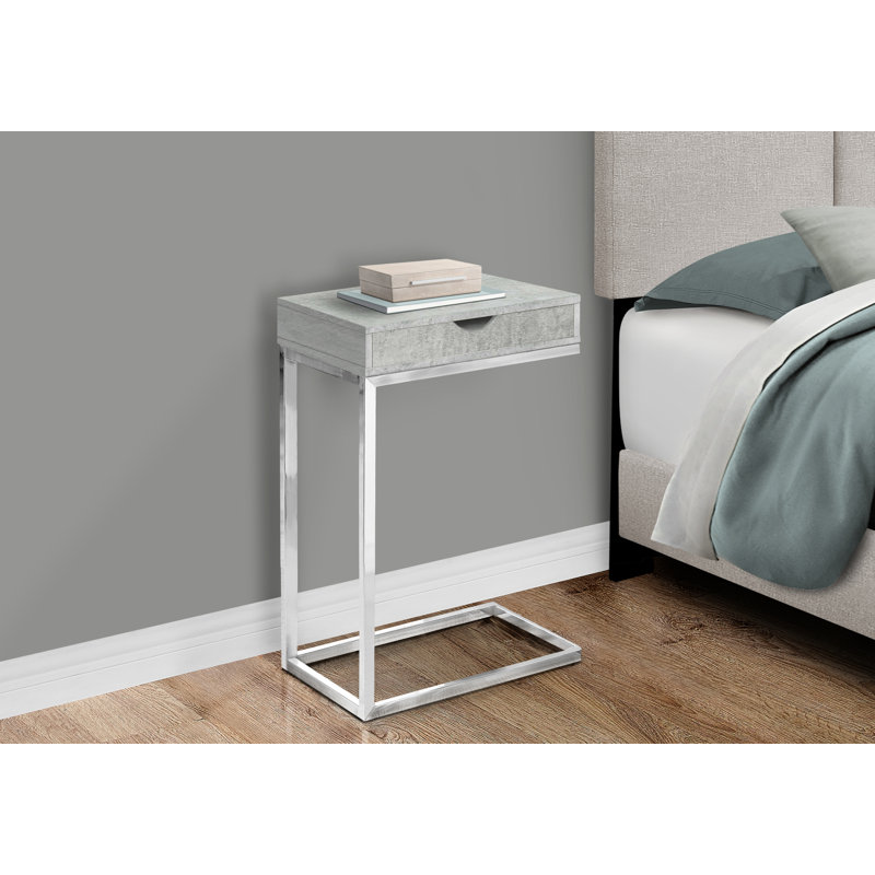 Table de bout en C avec tiroir de rangement, stratifié gris et métal chromé, table d'appoint moderne pour le salon ou la chambre à coucher | Idée de cadeau