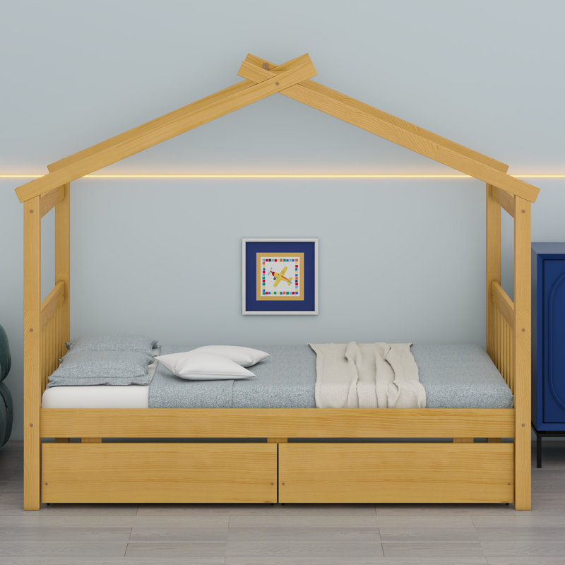Lit en bois avec tiroirs, Natural