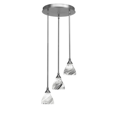 3 Light Cluster Pendalier, Brushed Nickel Finish, 6.25" Onyx Swirl Glass