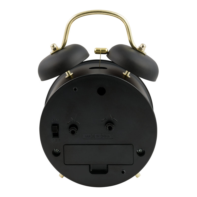 Black Twin Bell Quartz Analog Alarm Clock with Gold Accents