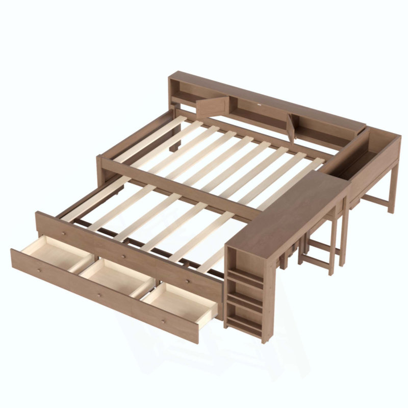 Lit de jour en bois en forme de L avec lit gigogne, bureau intégré et tablettes de rangement, lit de jour moderne et multifonctionnel pour chambre ou studio
