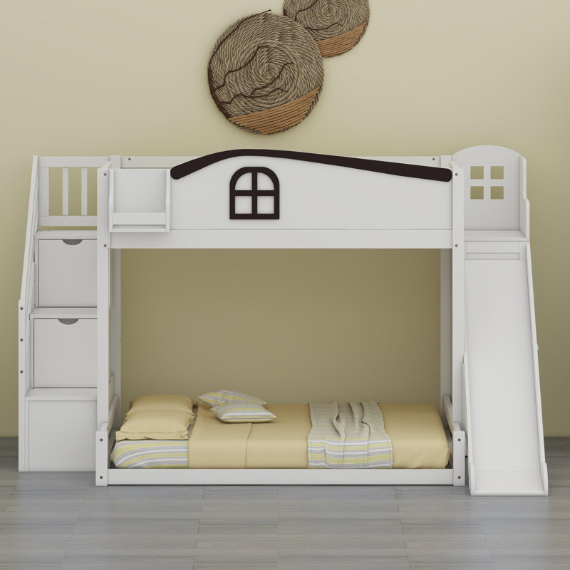 Lit superposé peu encombrant avec glissade, garde-robe intégrée et rangement pour marches, Blanc