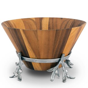 Arthur Court Salad Bowl Acacia Wood Serving for Fruits or Salads Wok Wave Style Extra Large Single Wooden Bowl - Silver