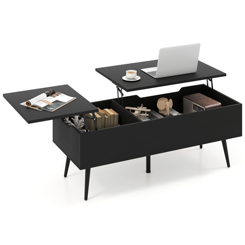 Lift Top Coffee Table w/ Split Top & 2 Hidden Compartments Tapered Metal Legs, Black Top/Black Base