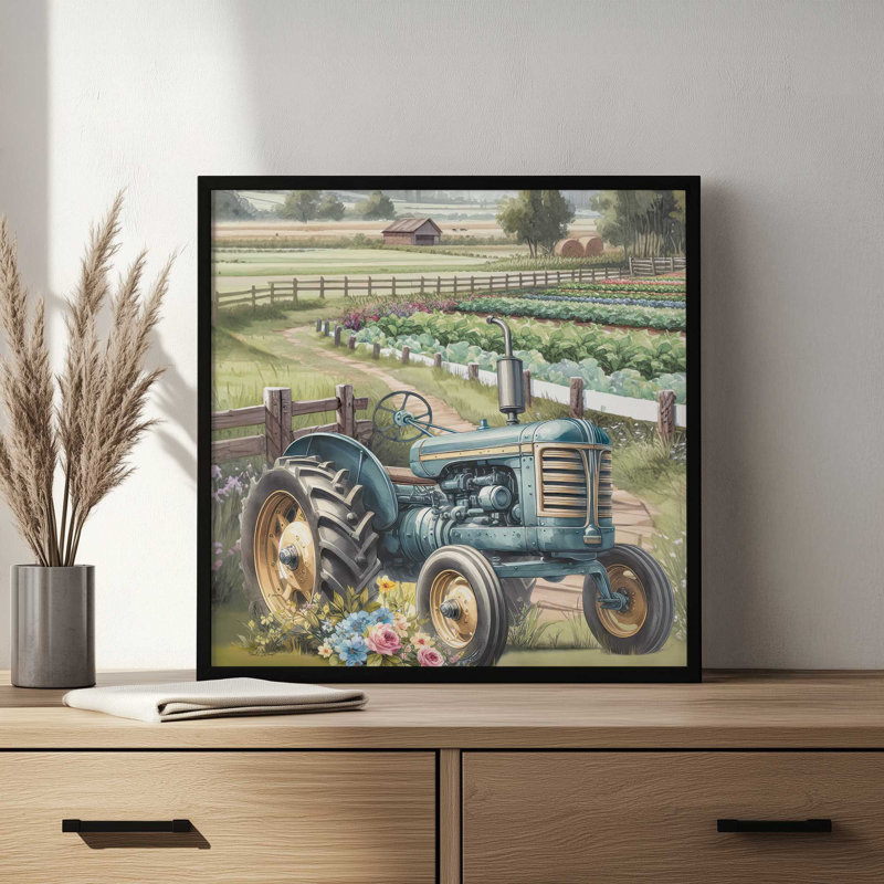 «Blue Floral Tractor» par Nicole DeCamp, reproduction d'art, L 20 po x H 20 po, Érable, Impression encadrée