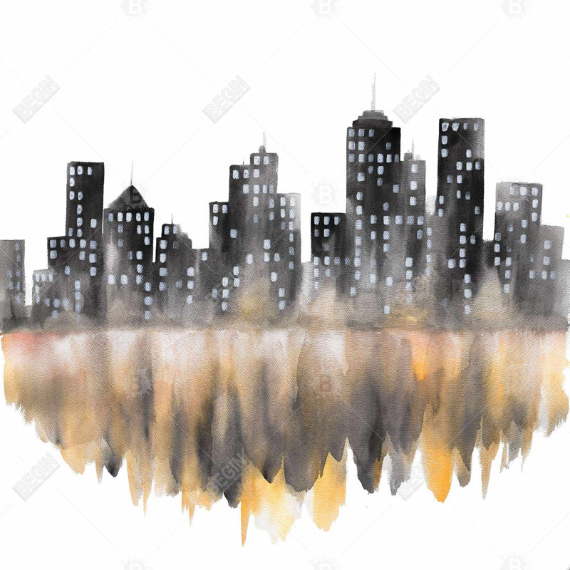 Reproduction de paysage urbain aquarelle jaune - décor encadré mat