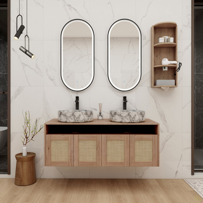Meuble-lavabo 48 po avec 2 lavabos en céramique et support de rangement, 4 portes à fermeture en douceur, montage flottant, contreplaqué (emballage KD)