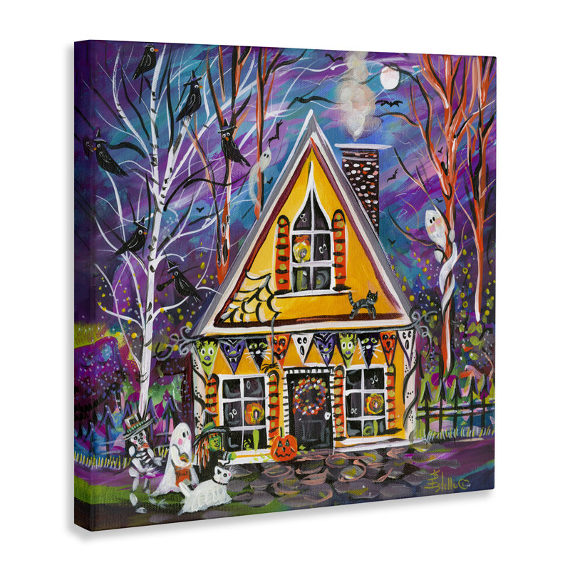 Toile de maison d'Halloween, signée Estelle Grengs, H 30 po x l 30 po