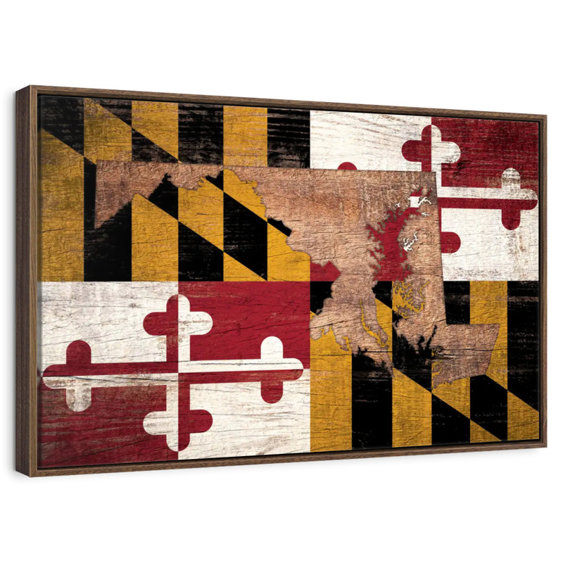 Carte d'État sur le drapeau du Maryland, 13 po x 9 po, Cadre flottant noyer