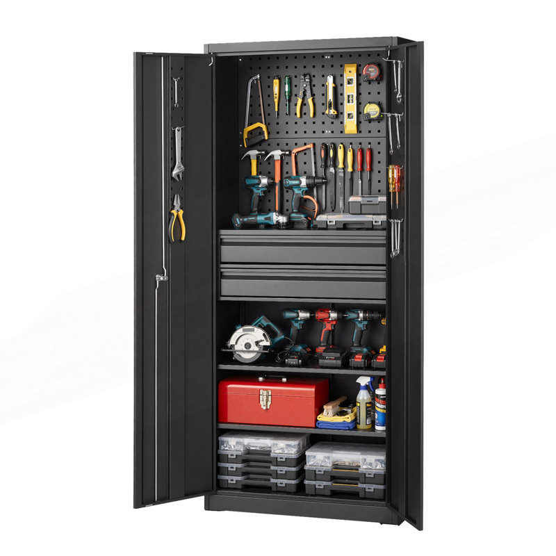 Metal Storage Cabinet, Garage Tool Storage Cabinet with 2 Locking Doors, Adjustable Shelves And 2 Drawers
