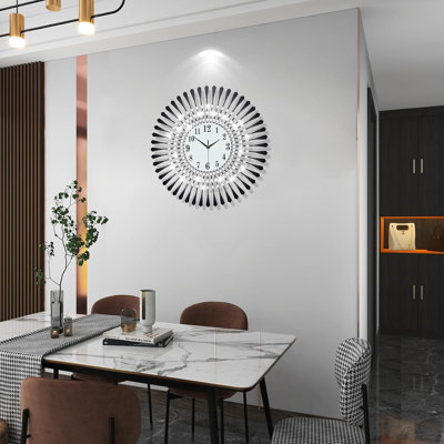 Large Modern Wall Clock For Living Room Decor - Silent Non-Ticking Quartz Clock With Crystal Accents, Elegant Black Round Wall Art For Bedroom Office Kitchen Home Decoration