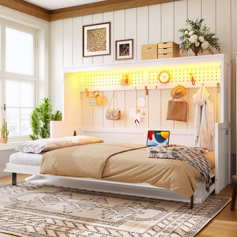 Lit escamotable avec bureau, station de charge USB, lumières DEL, Full, Blanc