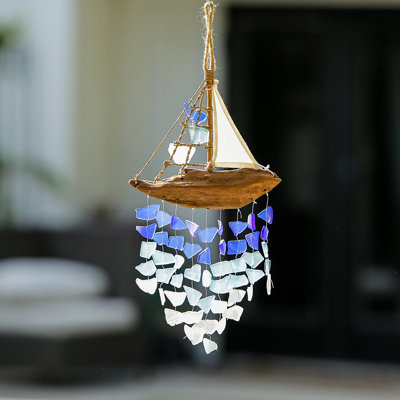 Carillon en verre recyclé sur bateau Driftwood - 16 po