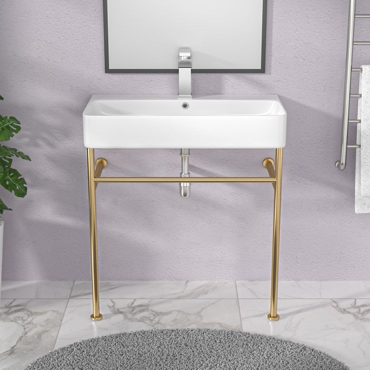 32"L*17"W White Ceramic Rectangular Single Faucet Hole Console Bathroom Sink with Overflow
