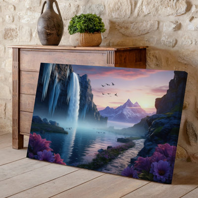 Toile, paysage serein de fantaisie mettant en vedette une cascade majestueuse en cascade, art mural Falaises glacées entourées de montagnes escarpées