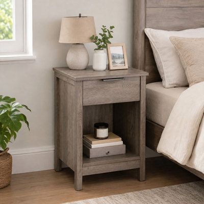 Wood Nightstand with Storage Drawer & Bottom Open Shelf, Modern Small Freestanding Bed Side Table End Table for Bedroom, Living Room and Small Space