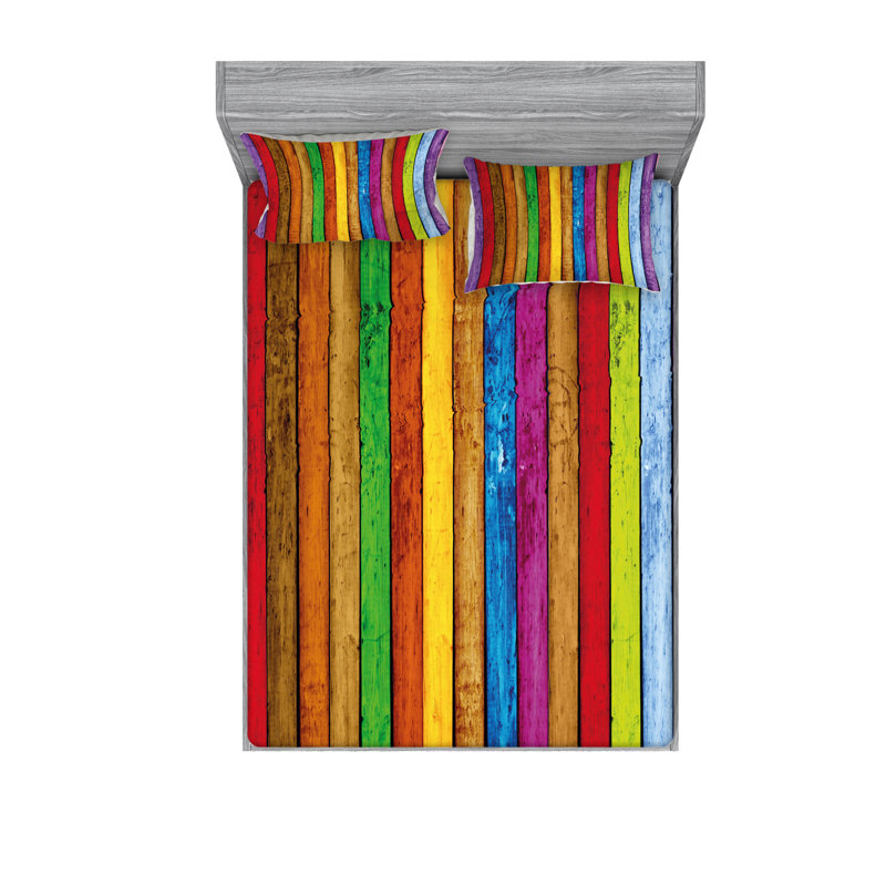 Microfiber Striped Sheet Set, Planks as Background Cheerful Striped, Queen Sheet Set with Fitted Sheet