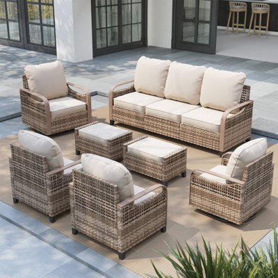 7-Piece Outdoor Patio Conversation Set, 3-Seater Sofa, 2 360° Swivel Armchairs，2 Single Armchairs & 2 Ottomans, Steel Frame with Wood-Grain Heat Transfer, Olefin Cushions for Patio, Backyard, Porch & Poolside