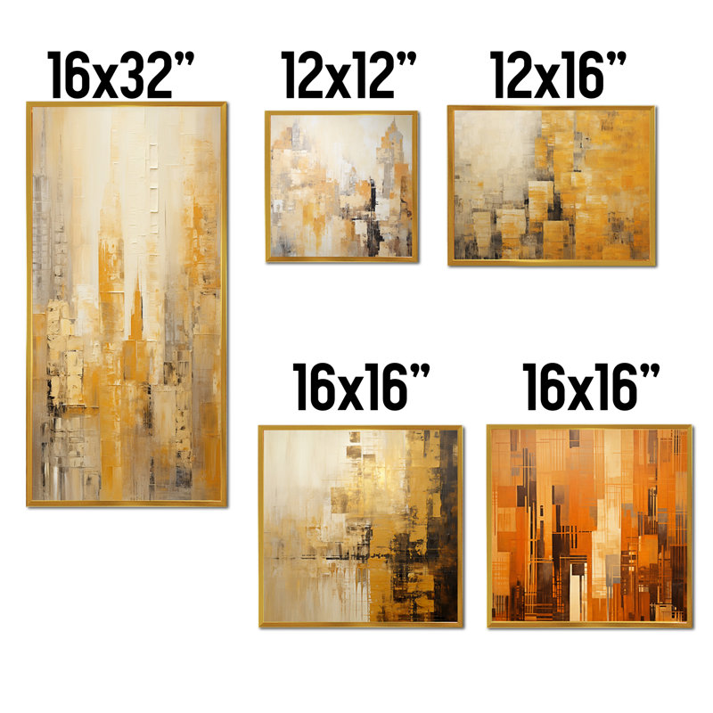 «Modern Cityscape Skycraper Bronze Blocks II», ensemble de 5 reproductions d'art sur toile abstraites, Cadre flottant doré