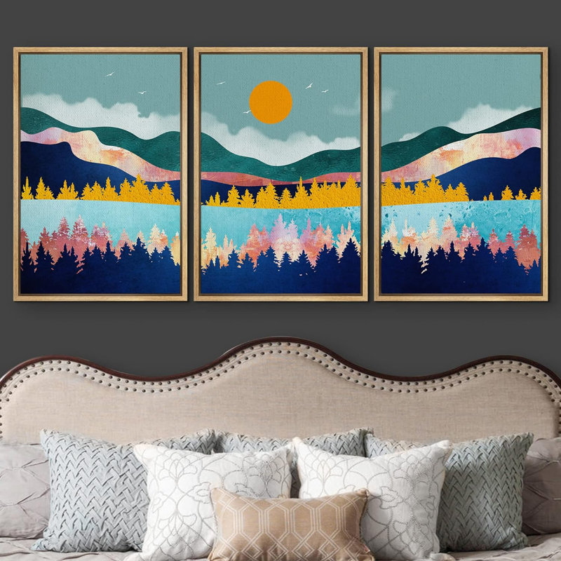 Abstract Mountain " Orange Sun Over Granite Mountains & River Nature Wilderness Modern Art Rustic Scenic Colourful " 3 - Pieces