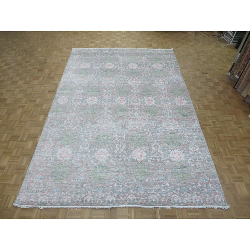 Tapis unique en laine noué à la main gris de 9 pi 4 po x 14 pi Mahzbin