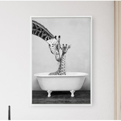Giraffe In Tub by Amy Peterson Framed Canvas Wall Art Print