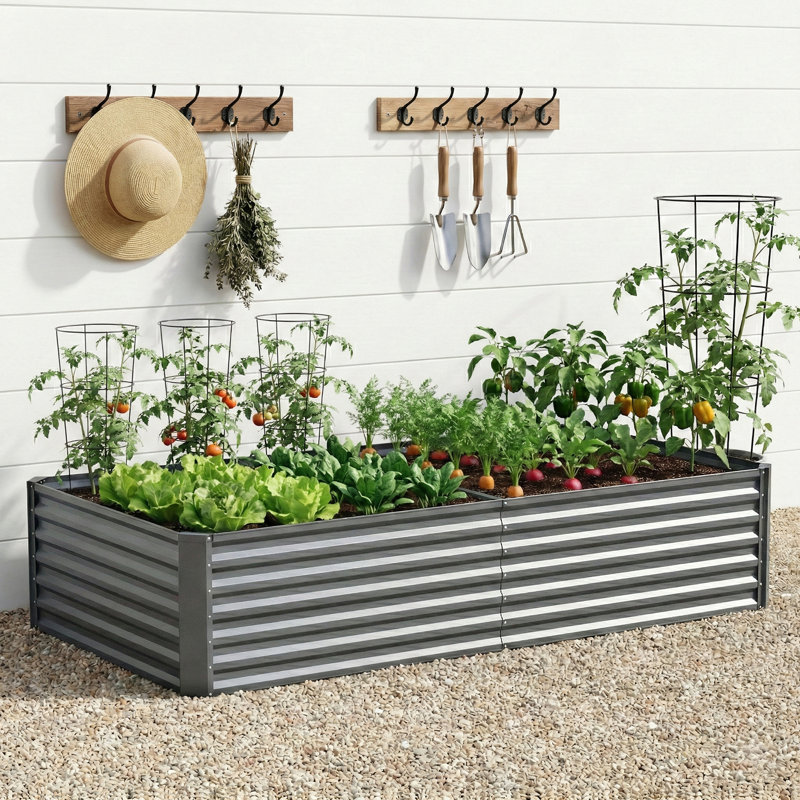 Oretha Outdoor Ground-Level Planter Box With Galvanized Steel Frame, Open-Ended Base Garden Bed For Yard, Gray