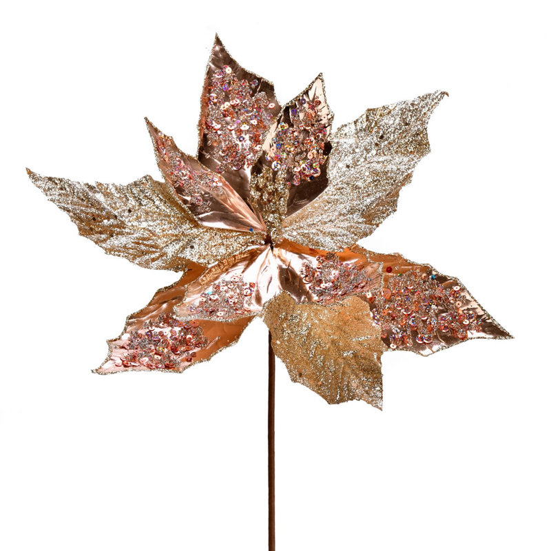 Vickerman 13" Poinsettia Sequin Aritificial Christmas Spray, Rose Gold