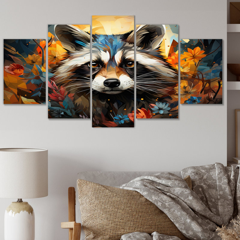 Curious Raccoon Collage II - Décoration murale animaux - 5 panneaux
