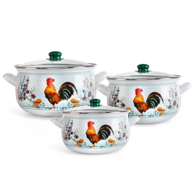 Vintage Country Style Pattern Enamel Belly Deep Stock Pot with Glass Lid