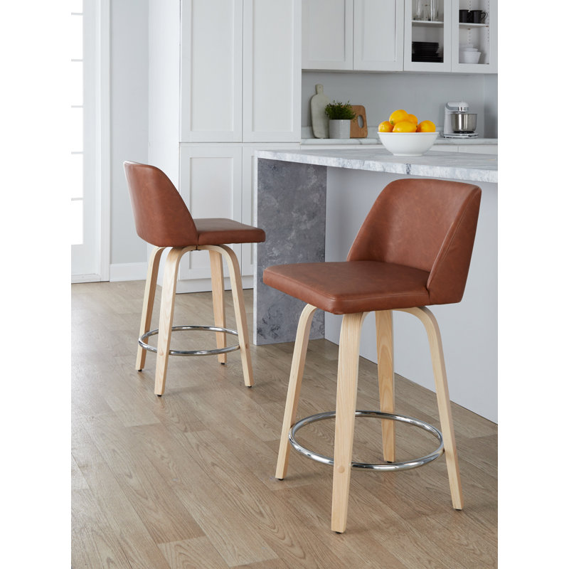 Thea 24" Fixed-Height Counter Stools with Bent Wood Legs & Round Footrest, Natural/Chrome, Camel Faux Leather