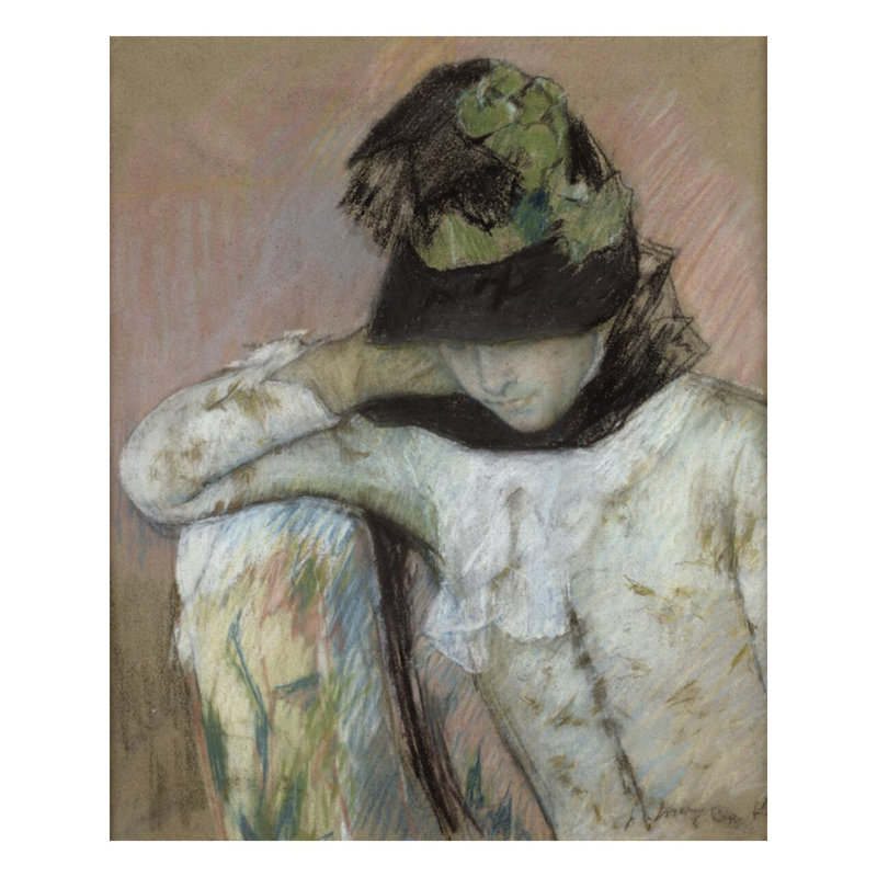 «Young Woman in a Black and Green Bonnet regardant vers le bas» par Mary Cassatt - Impression giclée, H 40 po x l 32 po