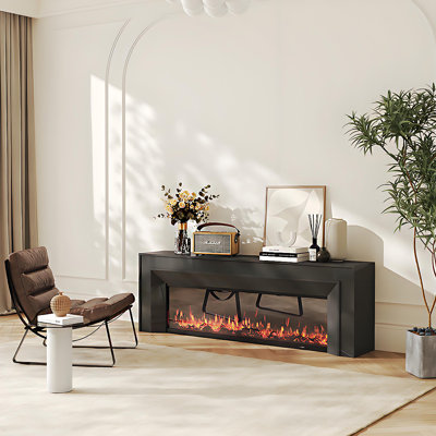 Mid‑Century French Retro Black Floor‑Standing TV Cabinet, Household Decorative Integrated Cabinet with Simulated Flame Heating Electric Fireplace