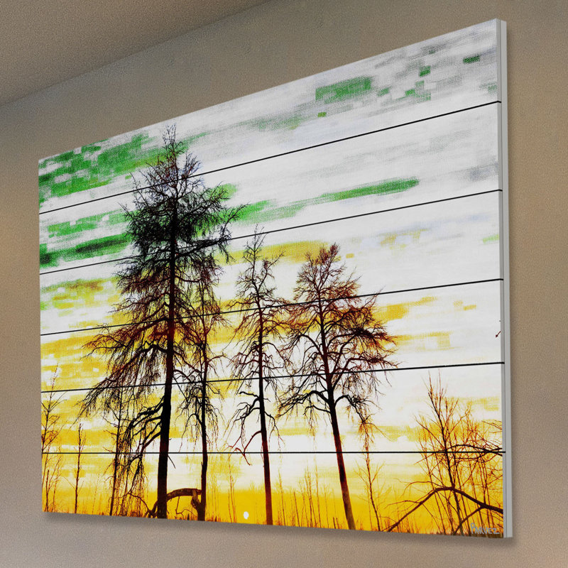 «Trees Against Gold Sky» par Parvez Taj - reproduction de photo, H 40 po x l 60 po x P 1,5 po, Jaune / Gris