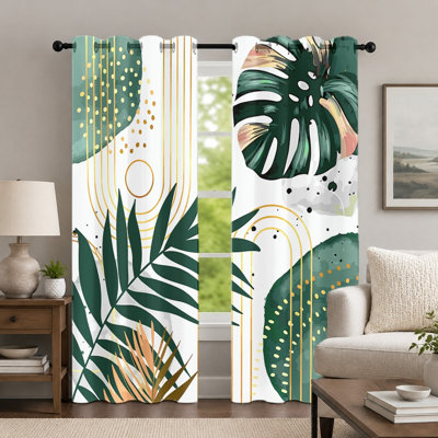 2Pcs Palm Leaf Print Curtains, Botanical Style Curtain, Fresh Nature Vibe Forest Pattern Printed Art Grommet Drapes, Window Treatment for Bedroom Living Room Decor
