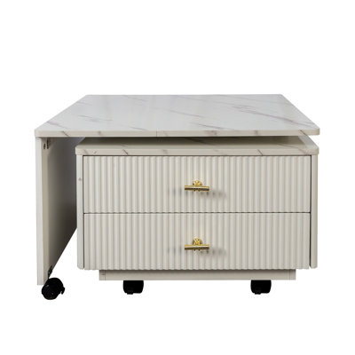 Extendable Coffee Table With Storage, Reversible Living Room Table With 2 Drawers And With 6 Wheels, White