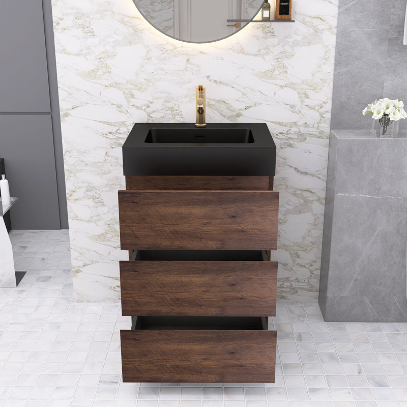 Ensemble de meuble-lavabo simple 24 po Natina, Noir mat, Noyer