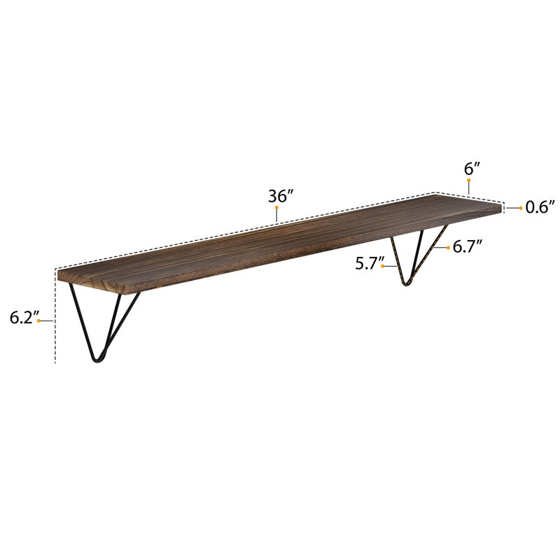 Étagère en bois massif 2 pièces Deyjah, H 4,5 po x l 36 po x P 6 po, Noir Brunt