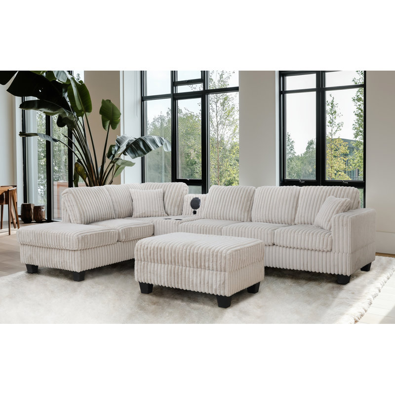 Vega Reversible Faux Fur Sectional with Media Console And Storage Ottoman, Beige Carduroy