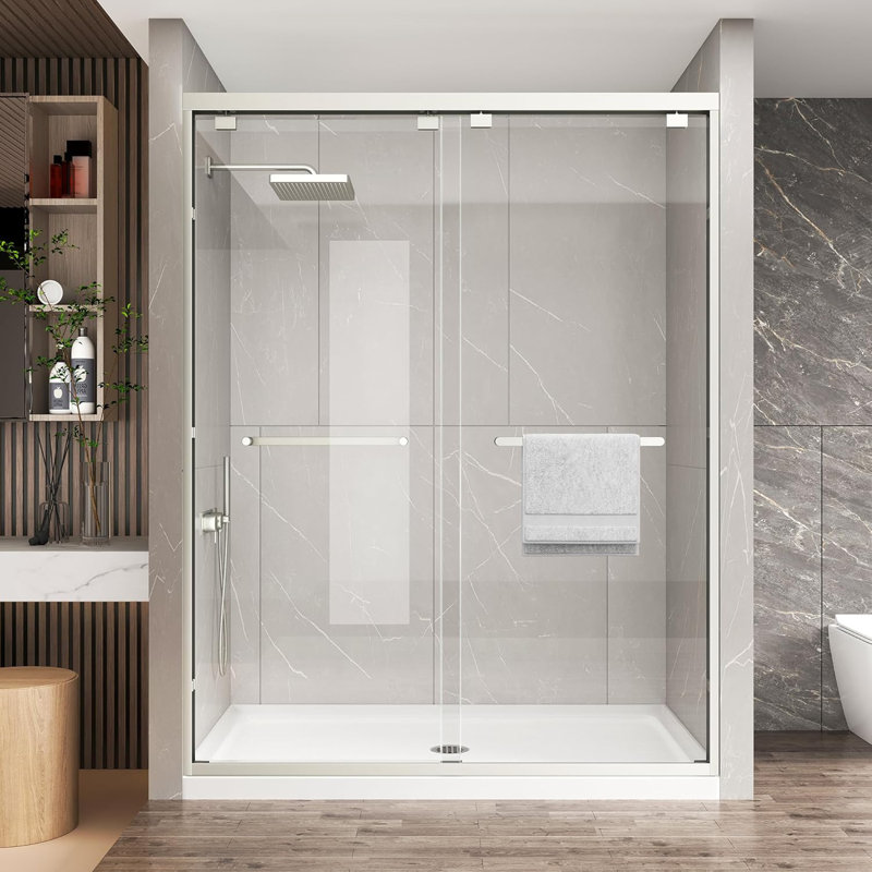 49"-54" W x 76" H Double Sliding Framed Shower Door in Brushed Nickel with 1/4" Clear Tempered Glass, Brushed Nickel