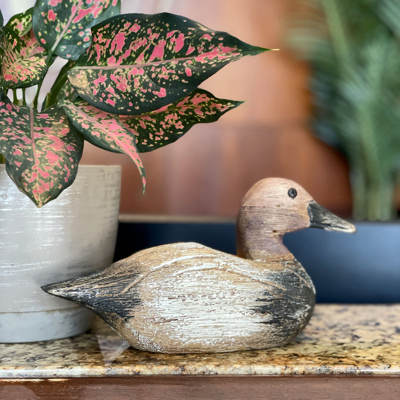 Canard en bois rustique sculpté à la main, avec yeux en métal, brun, bleu et blanc, 24 cm de large