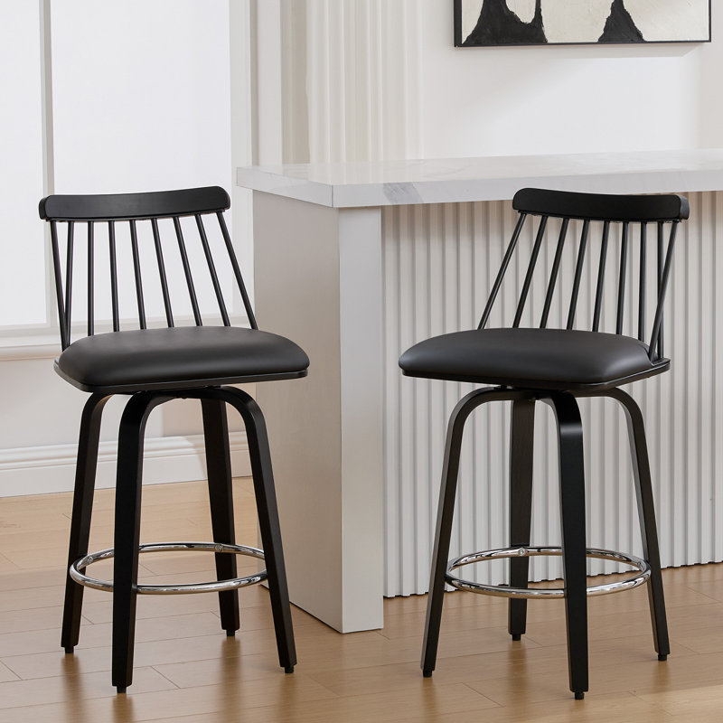 26'' Modern Swivel Counter Bar Stool with Spindle Back and Padded Seat, Black, 2