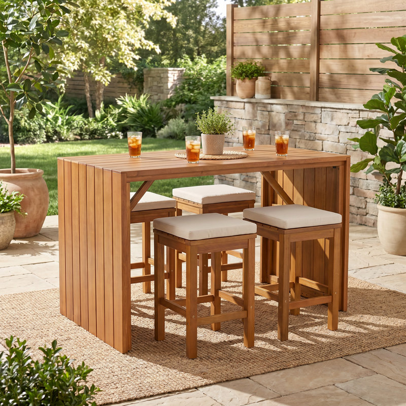 Ensemble de bar de patio 5 pièces, table de bar en bois d'acacia et 4 tabourets avec coussins beiges pour la cour, le bord de la piscine et le balcon