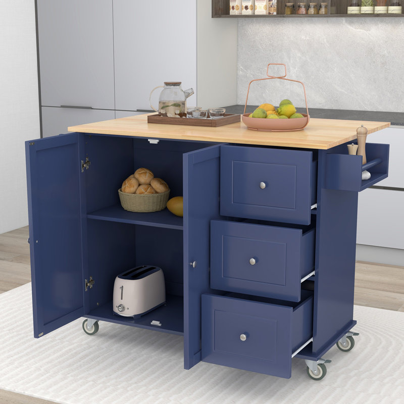 Solid Wood Top Kitchen Island, Dark Blue
