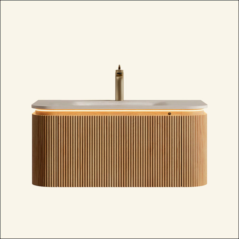 Meuble-lavabo de salle de bain et meuble-lavabo rayé à bords arrondis avec tiroir, lumière à capteur, lavabo intégré en pierre frittée à motif de travertin, pré-assemblé